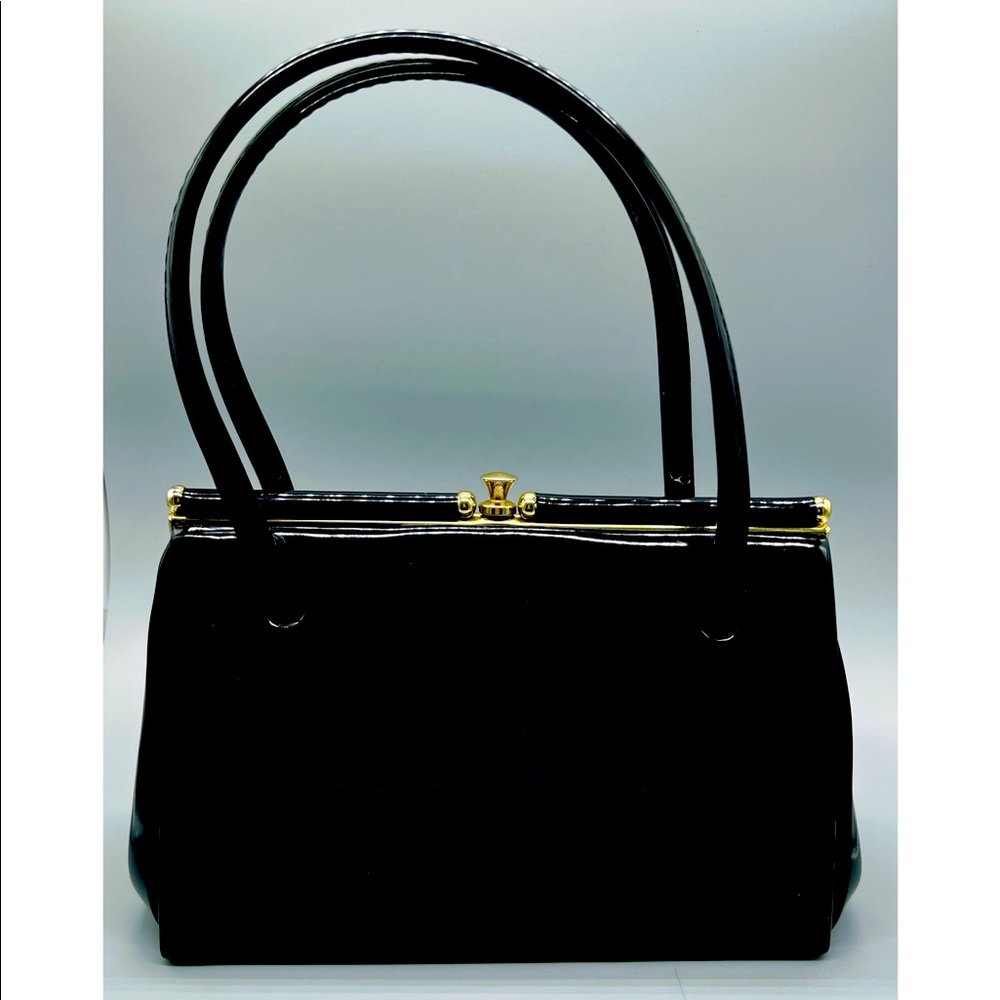 VINTAGE PATENT LEATHER HANDBAG, LEATHER LINED - MADE IN ENGLAND